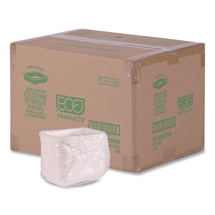 Eco-Products WorldView Vanguard Rectangular Container, 12 oz, 7 x 4.75 x 1, Sugarcane Fiber, White, 400/Carton (ECOEPSCRC12NFA)
