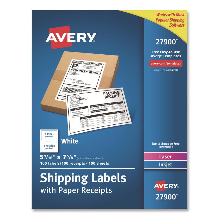 Avery Shipping Labels with Paper Receipt Bulk Pack, Inkjet/Laser Printers, 5.06 x 7.63, White, 100/Box (AVE27900)
