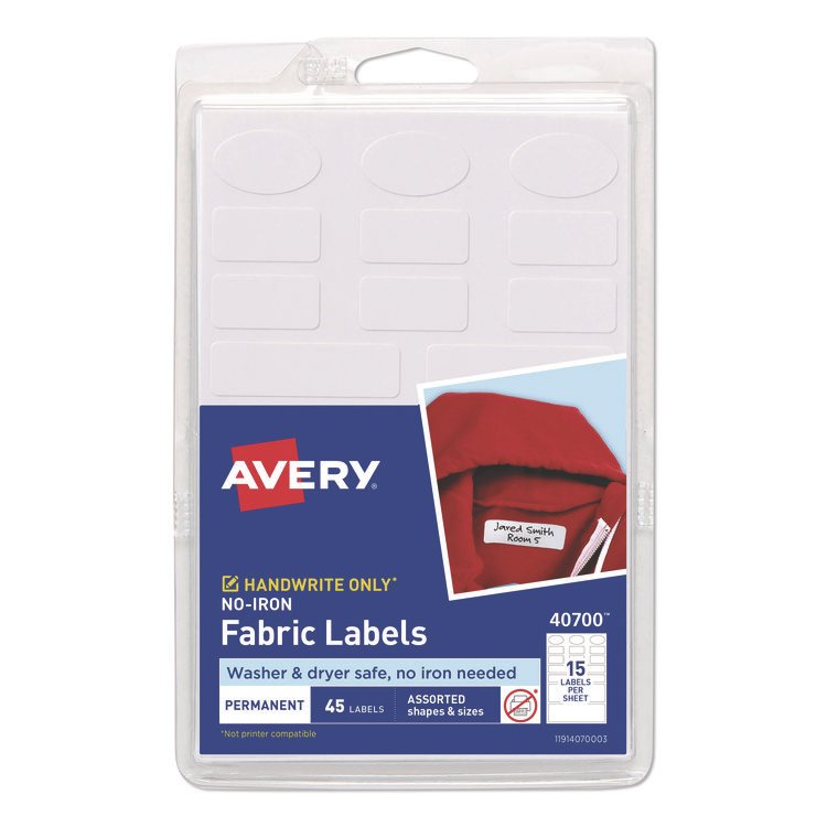 Avery Avery Kids No-Iron Fabric Labels, Handwrite Only, Assorted Shapes and Sizes, White, 15 Labels/Sheet, 3 Sheets/Pack (AVE40700)