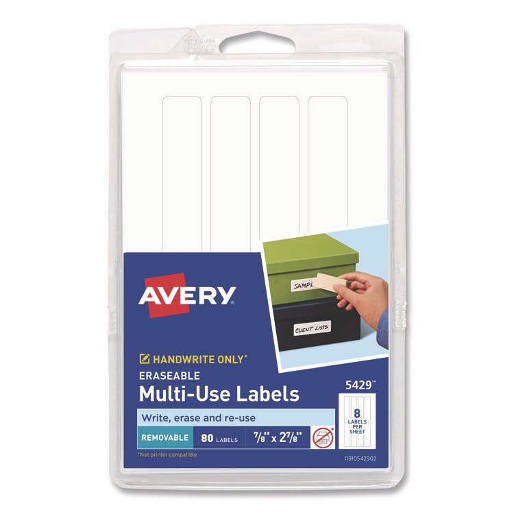 Avery Erasable ID Labels, Inkjet/Laser Printers, 0.88 x 2.88, White, 8/Sheet, 10 Sheets/Pack (AVE5429)