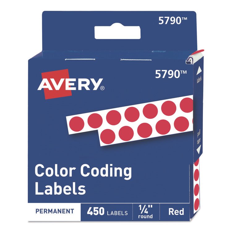 Avery Handwrite-Only Permanent Self-Adhesive Round Color-Coding Labels in Dispensers, 0.25" dia, Red, 450/Roll, (5790) (AVE05790)
