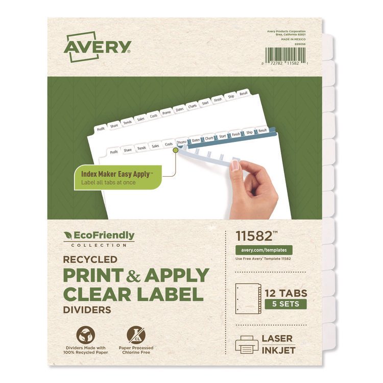 Avery Index Maker EcoFriendly Print and Apply Clear Label Dividers with White Tabs, 12-Tab, 11 x 8.5, White, 5 Sets (AVE11582)