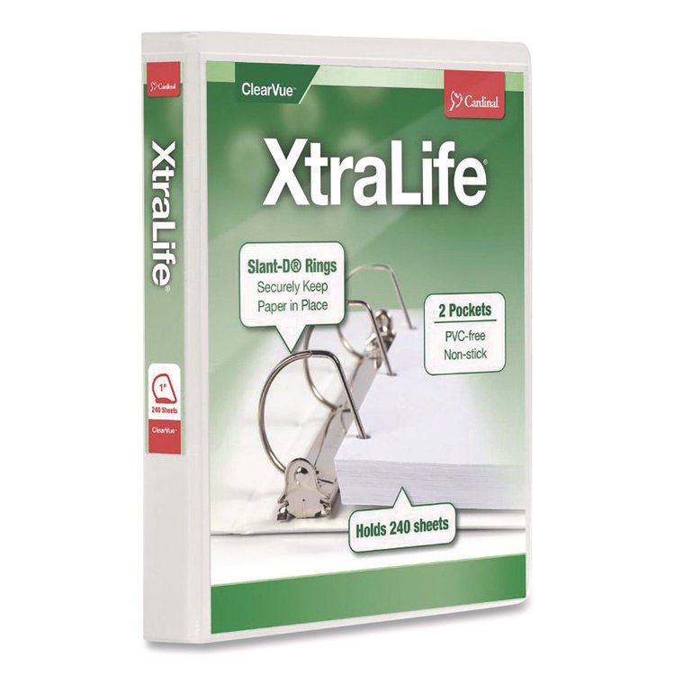 Cardinal XtraLife ClearVue Non-Stick Slant-D Ring Binder, 3 Rings, 1" Capacity, 11 x 8.5, White (CRD26300)