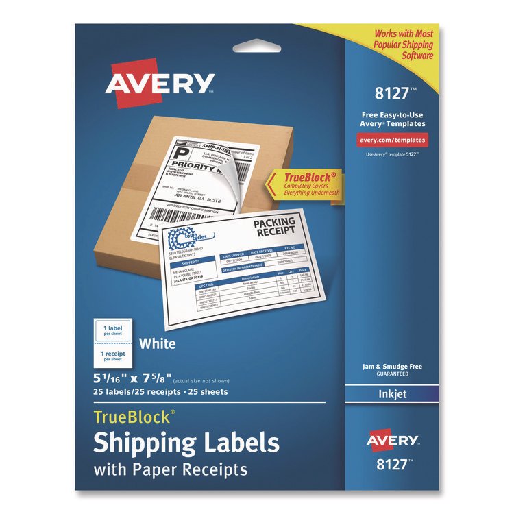 Avery Shipping Labels with TrueBlock Technology, Inkjet Printers, 5.06 x 7.62, White, 25 Sheets/Pack (AVE8127)