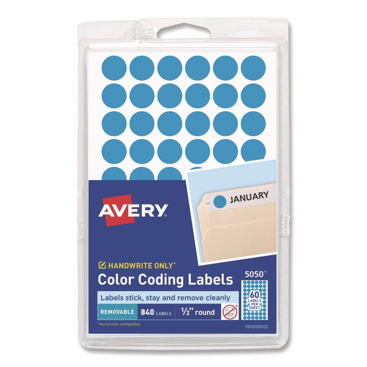Avery Handwrite Only Self-Adhesive Removable Round Color-Coding Labels, 0.5" dia, Light Blue, 60/Sheet, 14 Sheets/Pack, (5050) (AVE05050)