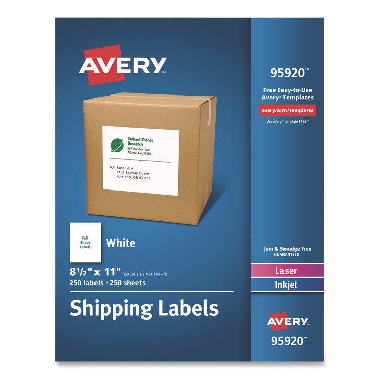 Avery White Shipping Labels-Bulk Packs, Inkjet/Laser Printers, 8.5 x 11, White, 250/Box (AVE95920)