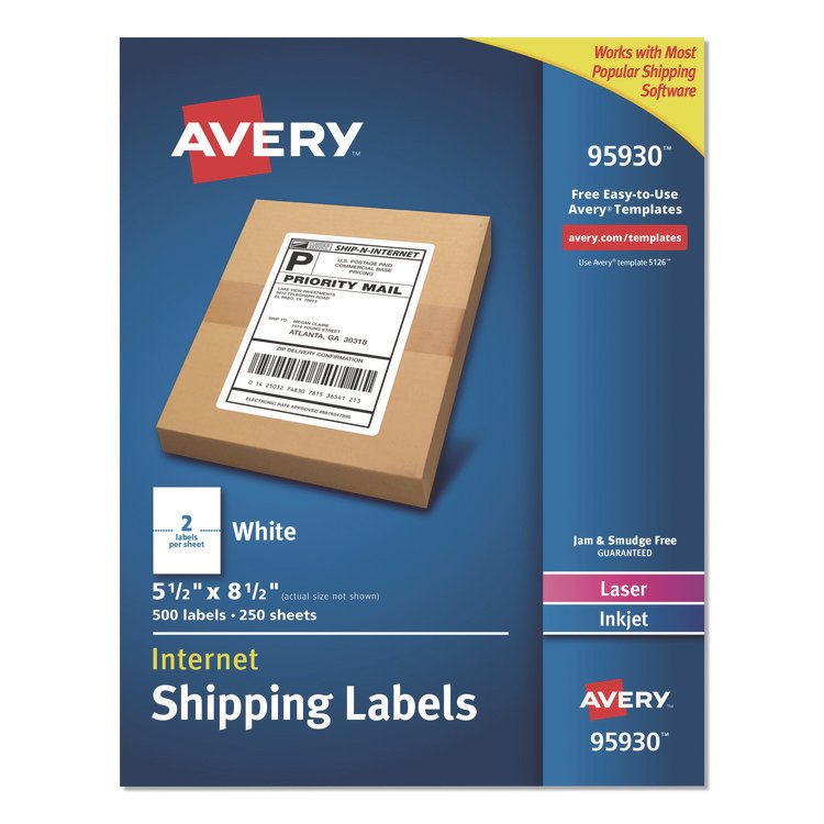 Avery White Shipping Labels-Bulk Packs, Inkjet/Laser Printers, 5.5 x 8.5, White, 2/Sheet, 250 Sheets/Box (AVE95930)