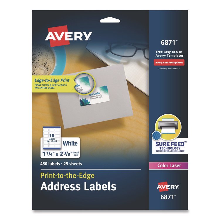 Avery Vibrant Laser Color-Print Labels w/ Sure Feed, 1.25 x 2.38, White, 450/Pack (AVE6871)
