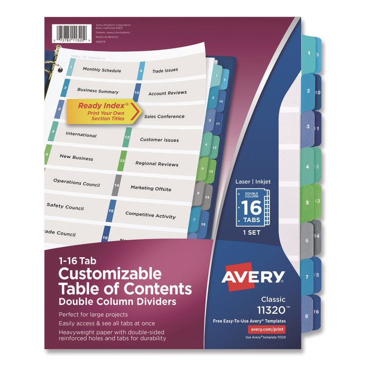 Avery Customizable TOC Ready Index Double Column Multicolor Tab Dividers, 16-Tab, 1 to 16, 11 x 8.5, White, 1 Set (AVE11320)