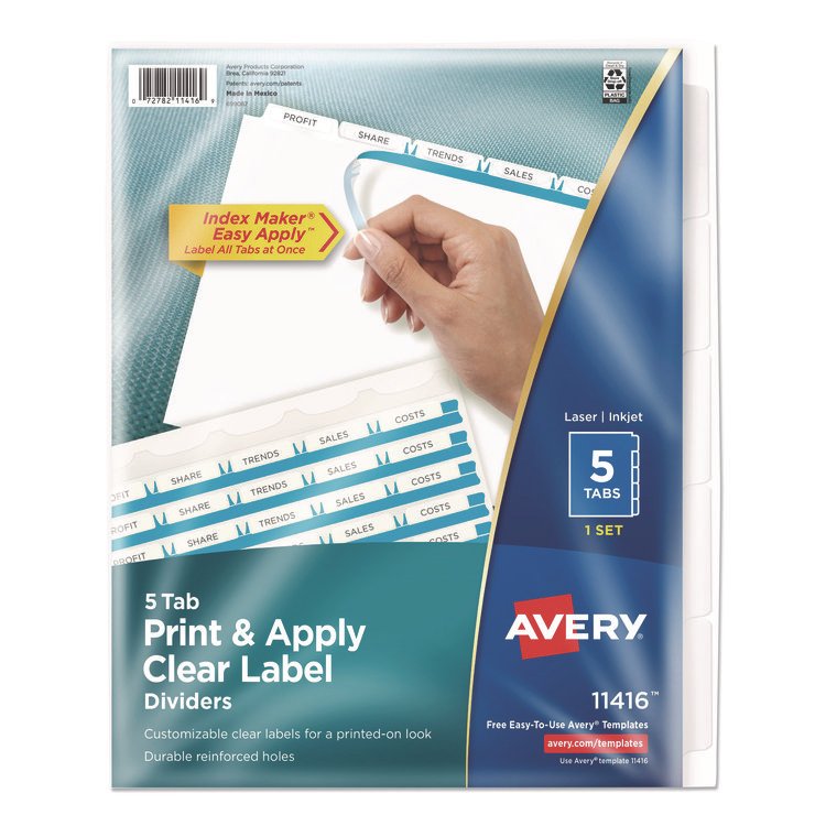 Avery Print and Apply Index Maker Clear Label Dividers with Printable Label Strip and White Tabs, 5-Tab, 11 x 8.5, White, 1 Set (AVE11416)