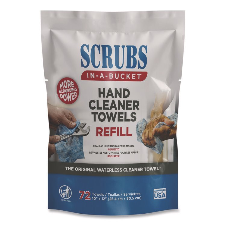 SCRUBS Hand Cleaner Towels, SCRUBS in-a-Bucket Refill, 1-Ply, 10 x 12, Citrus, Blue/White, 72/Pack, 6 Packs/Carton (ITW42270)