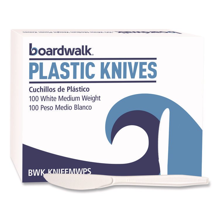 Boardwalk Mediumweight Polystyrene Cutlery, Knife, Plastic, White, 100/Box (BWKKNIFEMWPSBX)