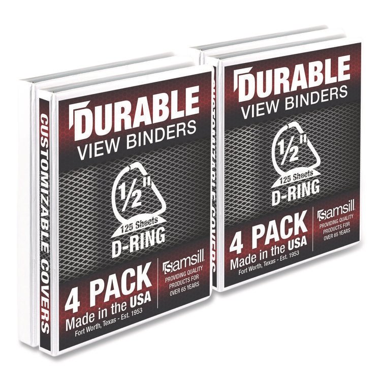 Samsill Durable D-Ring View Binders, 3 Rings, 0.5" Capacity, 11.5" x 8.5", White, 4/Pack (SAMMP46417)