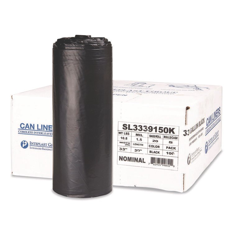 Inteplast Group Low-Density Commercial Can Liners, 33 gal, 1.5 mil, 33" x 39", Black, Interleaved Roll, 20 Bags/Roll, 5 Rolls/Carton (IBSSL3339150K)