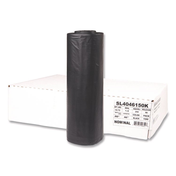 Inteplast Group Institutional Low-Density Can Liners, 45 gal, 1.5 mil, 40" x 46", Black, Interleaved Roll, 20 Bags/Roll, 5 Rolls/Carton (IBSSL4046150K)