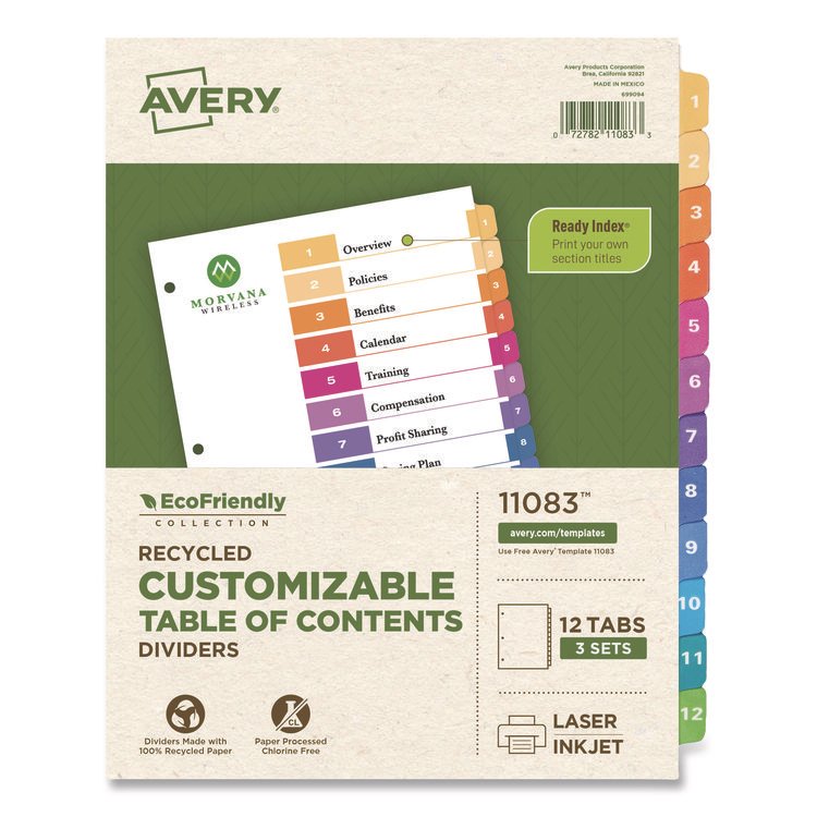 Avery Customizable Table of Contents Ready Index Dividers with Multicolor Tabs, 12-Tab, 1 to 12, 11 x 8.5, White, 3 Sets (AVE11083)