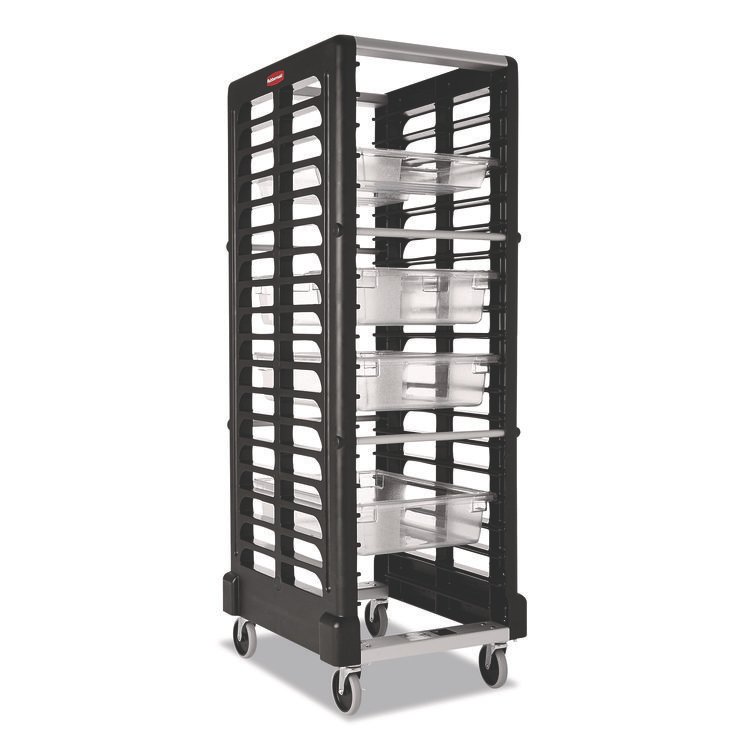 Rubbermaid Commercial End Loader Rack for Food Boxes and Sheet Pans, 18 Rack, Plastic, 23.75" x 28.75" x 67.88", Black (RCPFG332000BLA)