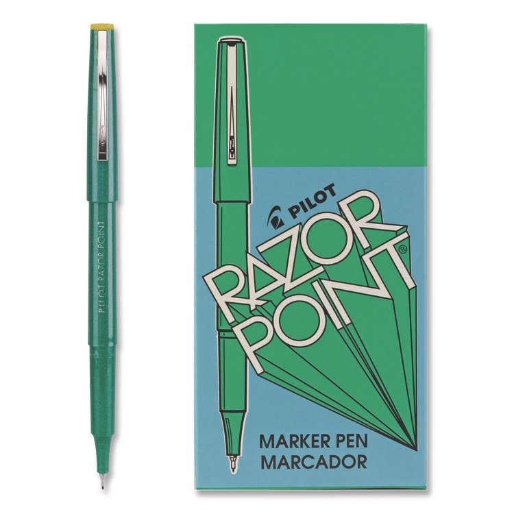 Pilot Razor Point Fine Line Porous Point Pen, Stick, Extra-Fine 0.3 mm, Green Ink, Green Barrel, Dozen (PIL11010)