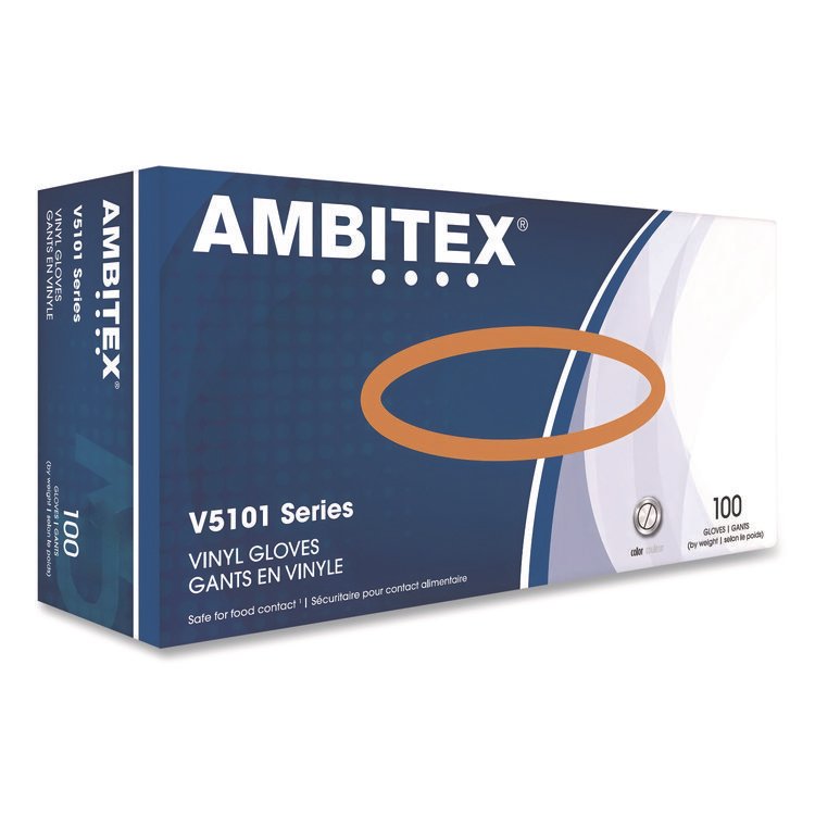 AMBITEX V5101 Series Latex-Free Lightly Powdered Vinyl Gloves, X-Large, 3 mil Thick, 9" Long, Clear, 100/Box (TXIVXL5101)