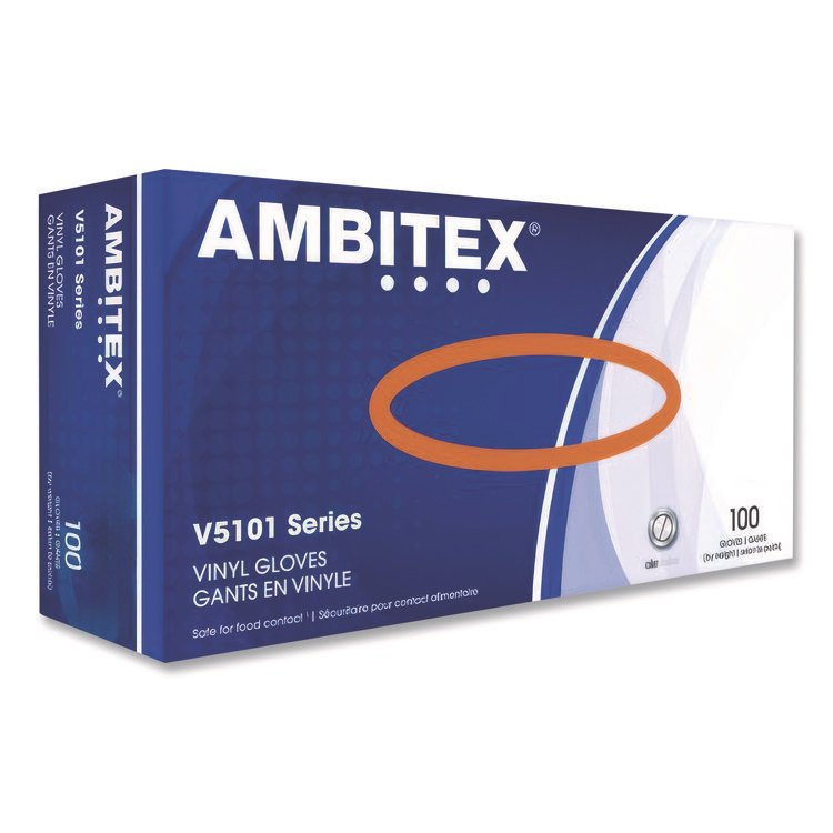 AMBITEX V5101 Series Latex-Free Lightly Powdered Vinyl Gloves, Small, 3 mil Thick, 9" Long, Clear, 100/Box (TXIVSM5101)