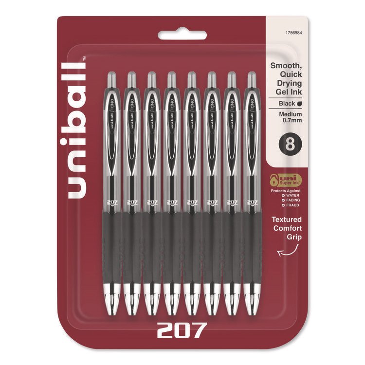 uniball Signo 207 Gel Pen, Retractable, Medium 0.7 mm, Black Ink, Clear/Black Barrel, 8/Pack (UBC1756584)