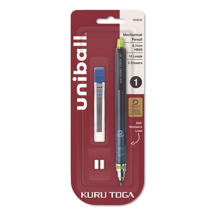 uniball KuruToga Mechanical Pencil with Tube of Diamond Lead, 0.7 mm, HB (#2), Black Lead, Black/Green Barrel (UBC1858549)