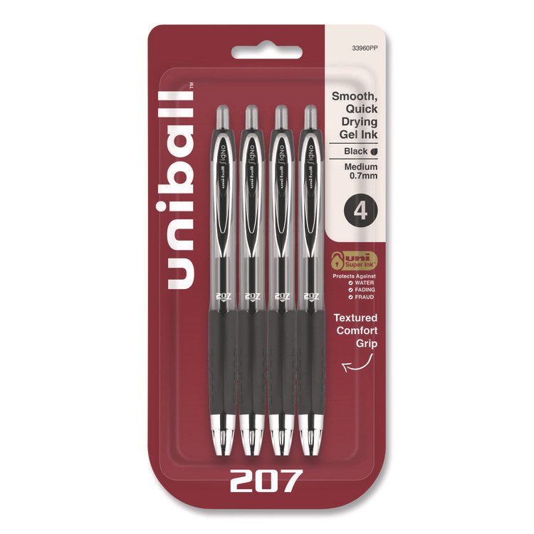 uniball Signo 207 Gel Pen, Retractable, Medium 0.7 mm, Black Ink, Smoke/Black Barrel, 4/Pack (UBC33960PP)
