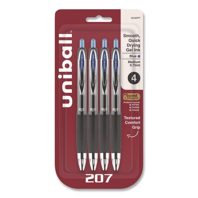 uniball Signo 207 Gel Pen, Retractable, Medium 0.7 mm, Blue Ink, Smoke/Black/Blue Barrel, 4/Pack (UBC45532PP)
