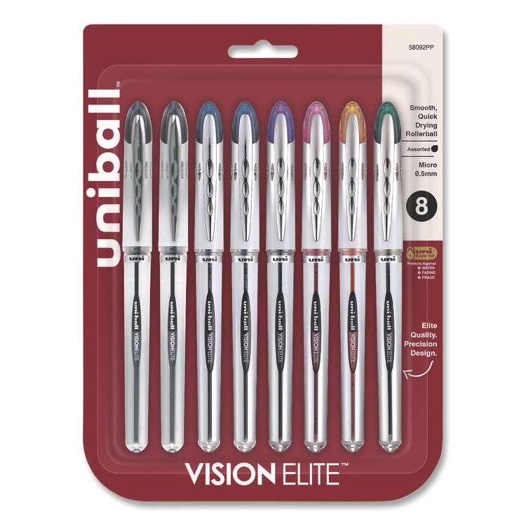 uniball VISION ELITE Hybrid Gel Pen, Stick, Fine 0.5 mm, Assorted Ink and Barrel Colors, 8/Pack (UBC58092PP)