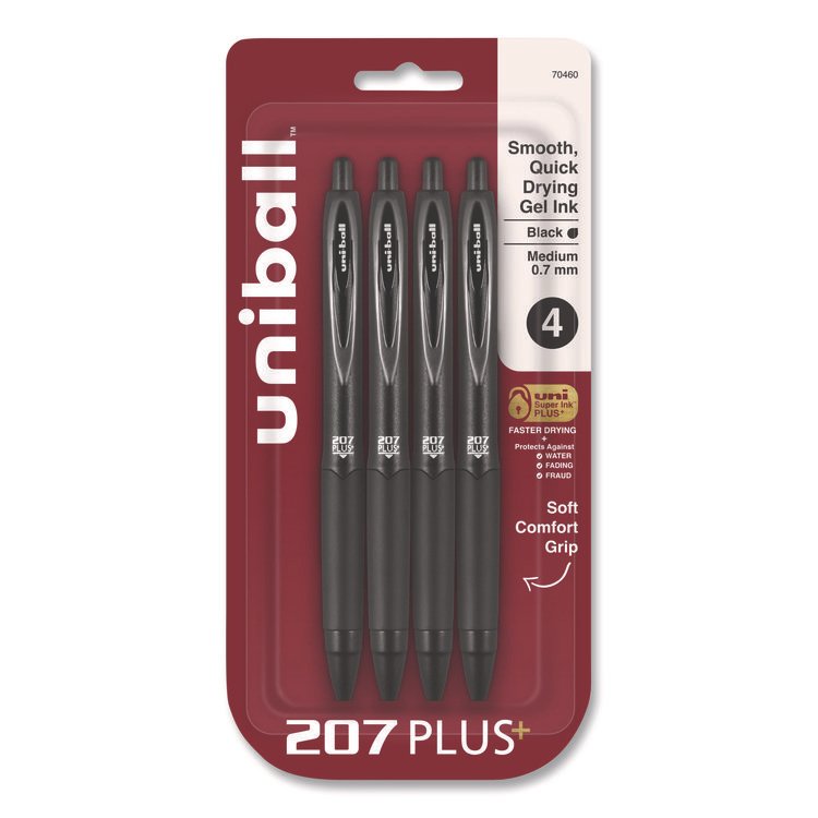 uniball 207 Plus+ Gel Pen, Retractable, Medium 0.7 mm, Black Ink, Black Barrel, 4/Pack (UBC70460)
