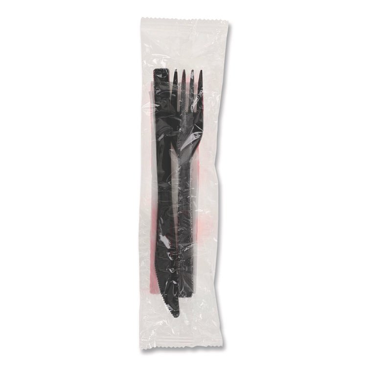 Pactiv Evergreen Gardenware Cutlery Kit, Individually Wrapped, Heavyweight, Fork/Knife/Napkin, Plastic, Black, 500/Carton (PCTGKFKNECH)