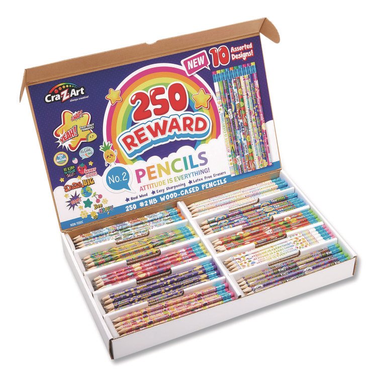 Cra-Z-Art Pencils Motivational Classpack, #2 Black Lead, Assorted Barrels, 10 Designs, 250 Pencils/Set (CZA740171)