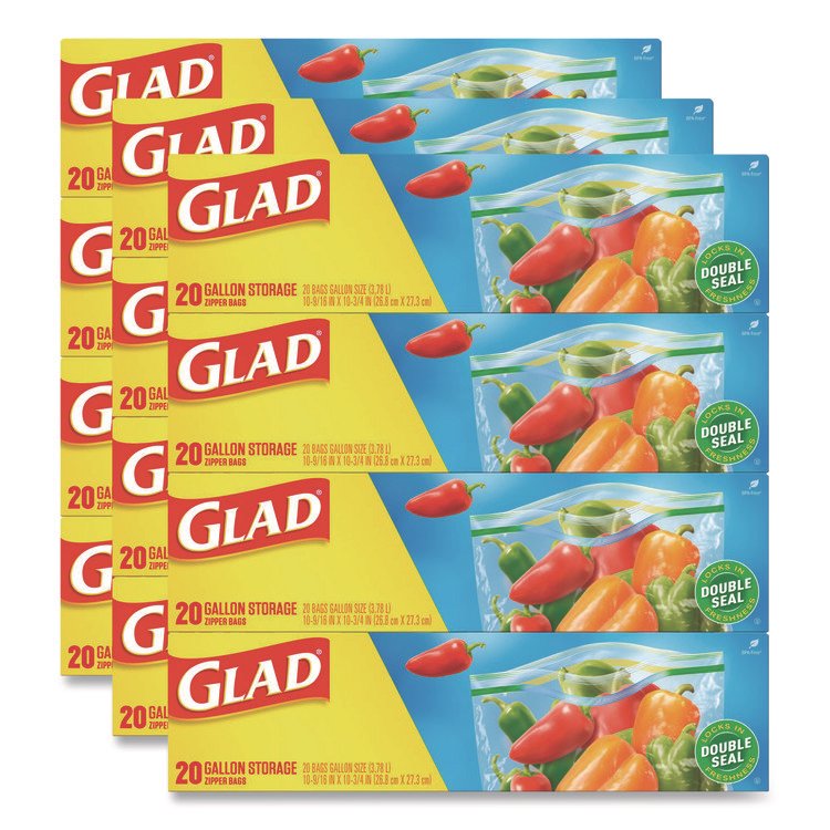 Glad Zipper Food Storage Plastic Bags, Gallon Size, 10.75 x 10.19, Clear, 20 Bags/Box, 12 Boxes/Carton (CLO55050)