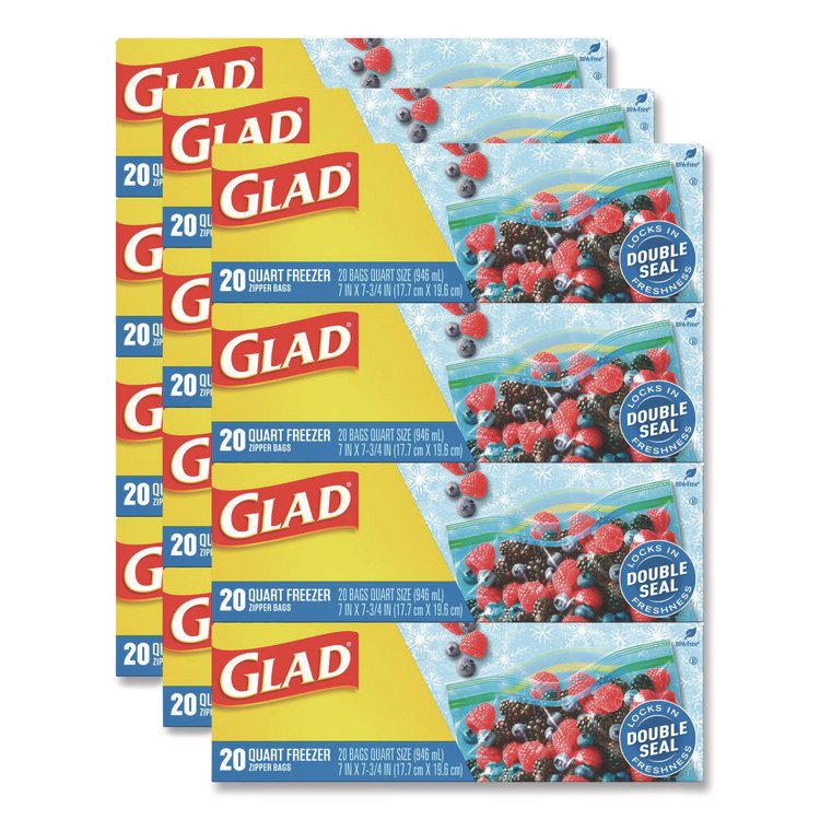 Glad Zipper Food Storage Plastic Bags, Freezer Bags, Quart Size, 7.75 x 8.44, Clear, 20 Bags/Box, 12 Boxes/Carton (CLO57035)