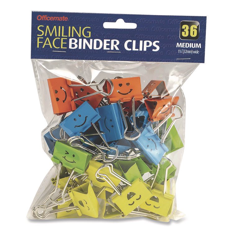 Officemate Smiling Face Binder Clips, Medium, Assorted Colors, 36/Pack (OIC31095)