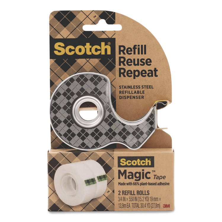 Scotch Stainless Steel Refillable Tape Dispenser with 2 Rolls 0.75" x 550" Tape (MMM123R)