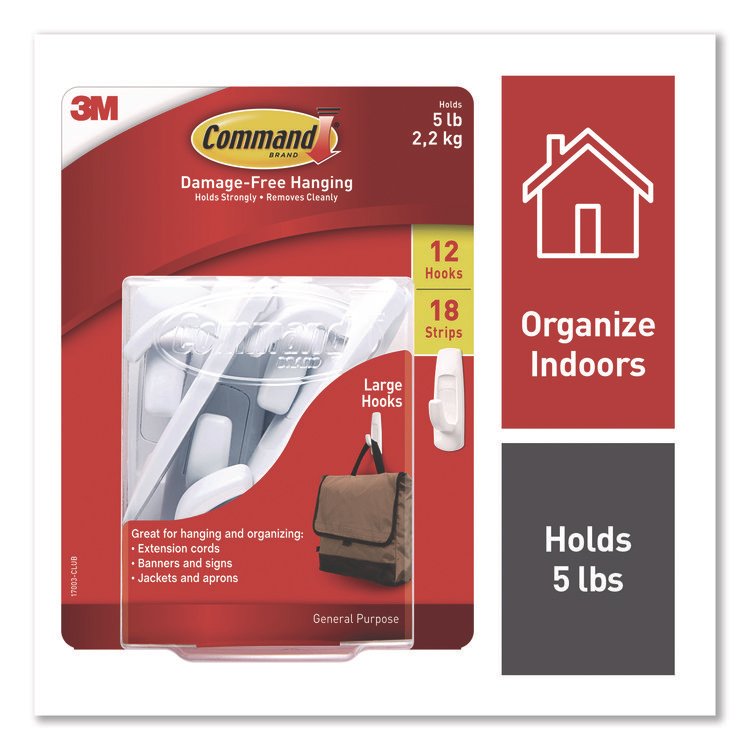 Command General Purpose Hooks, Large, Plastic, White, 5 lb Capacity, 12 Hooks and 18 Strips/Pack (MMM17003CLUB)