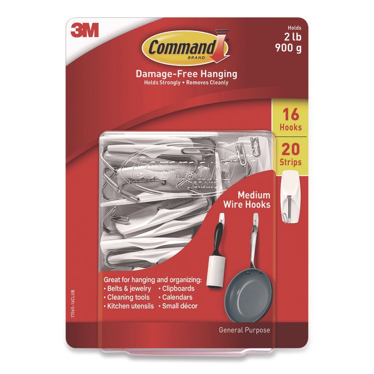 Command General Purpose Wire Hooks, Medium, Metal, White, 2 lb Capacity, 16 Hooks and 20 Strips/Pack (MMM1706516CLUB)