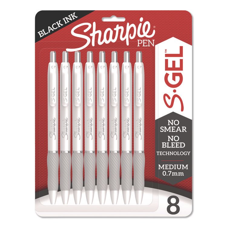 Sharpie S-Gel S-Gel Fashion Barrel Gel Pen, Retractable, Medium 0.7 mm, Black Ink, Pearl White Barrel, 8/Pack (SAN2169762)