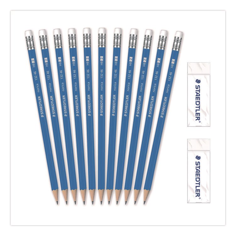 Staedtler Pre-Sharpened Wooden Pencils with (40) Block Erasers, HB #2 Black Lead, Blue Barrel, 500/Pack (STD13246C500)