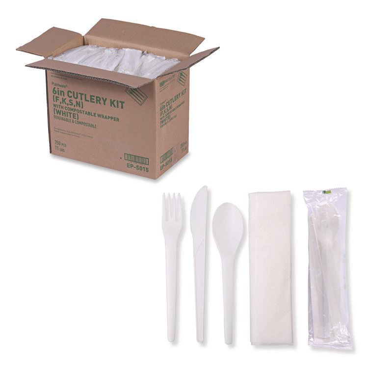 Eco-Products Plantware Compostable Cutlery Kit, Fork/Knife/Napkin/Spoon, Pearl White, 250 Kits/Carton (ECOEPS015)