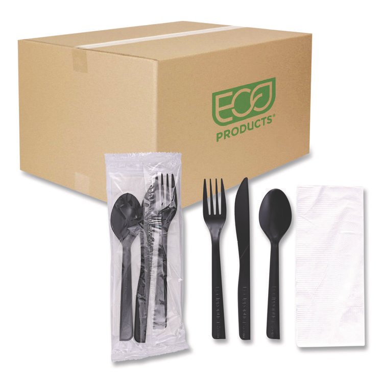Eco-Products 100% Recycled Content Cutlery Kit, Heavyweight Fork/Knife/Soup Spoon/Spoon, Plastic, Black, 250/Carton (ECOEPS115)
