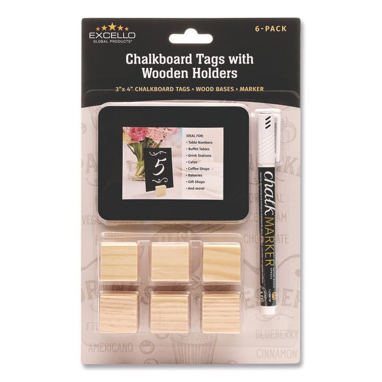 Excello Global Products Tabletop Chalkboard Tag, Black Surface, Teak Wood Holder, 3 x 4, 6/Pack (EXOEGPHD0508S)