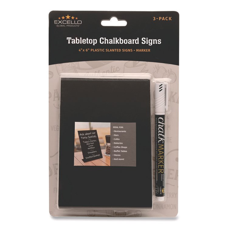 Excello Global Products Tabletop Chalkboard Signs, Black Surface, 4 x 6, 3/Pack (EXOEGPHD0509S)