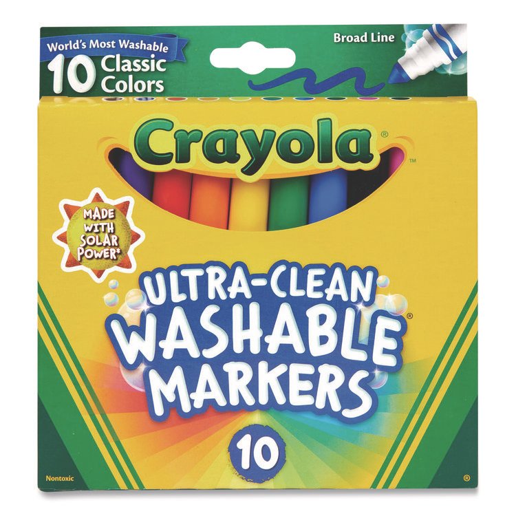 Crayola Ultra-Clean Washable Markers, Broad Bullet Tip, Assorted Colors, 10/Pack (CYO587851)
