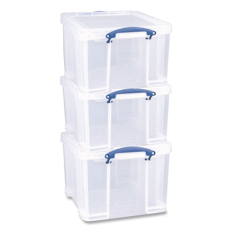 Really Useful Box Snap-Lid Storage Bin, 8.45 gal, 14" x 18" x 12.25", Clear/Blue, 3/Pack (RUA32CPK3CB)