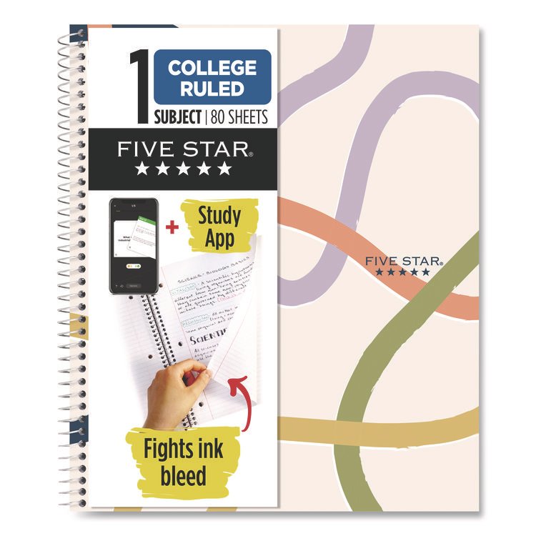 Five Star Simple Waves Organic Lines Notebook w/ Study App, 1-Subject, Med/College Rule, Assorted Cover Color (80) 11 x 8.5 Sheets (MEA820233F)