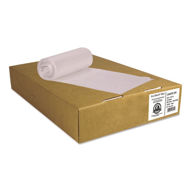 Heritage Eco Blend Max Can Liners, 23 gal, 0.8 mil, 28" x 45", Clear, 25 Bags/Roll, 10 Rolls/Carton (HERL5645TCER1)