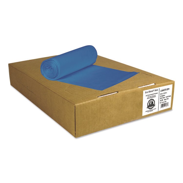 Heritage Eco Blend Max Can Liners, 23 gal, 0.8 mil, 28" x 45", Blue, 25 Bags/Roll, 10 Rolls/Carton (HERL5645TXER1)