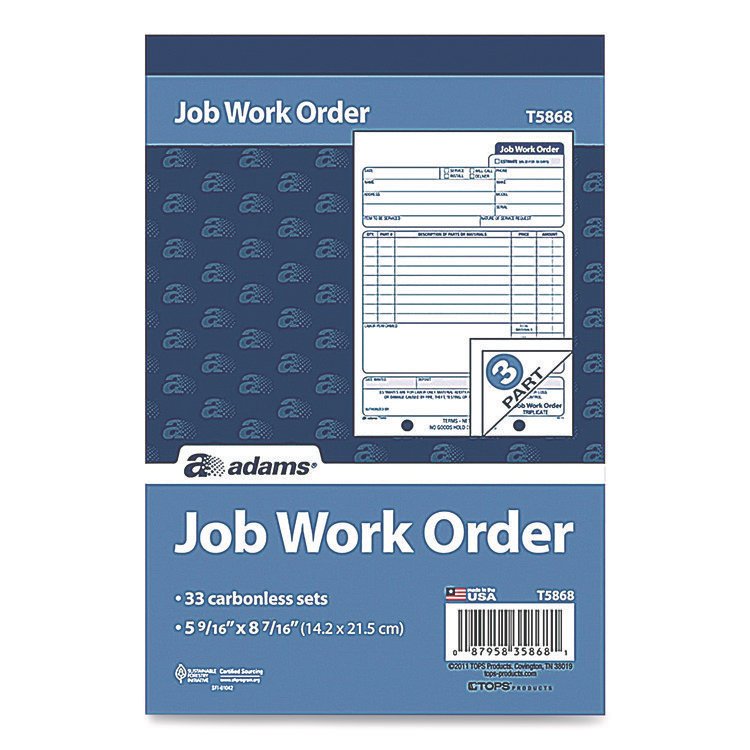 Adams Work Order Form, Three-Part Carbonless, 5.66 x 9, 250 Sets/Pack (ABF3584)